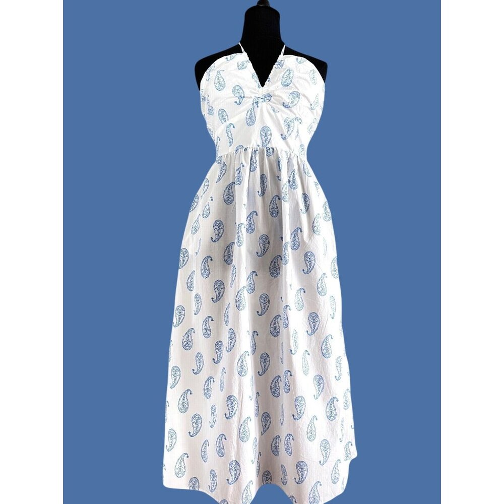 size XL Universal Thread white halter tie dress blue paisley print Summer sleeve